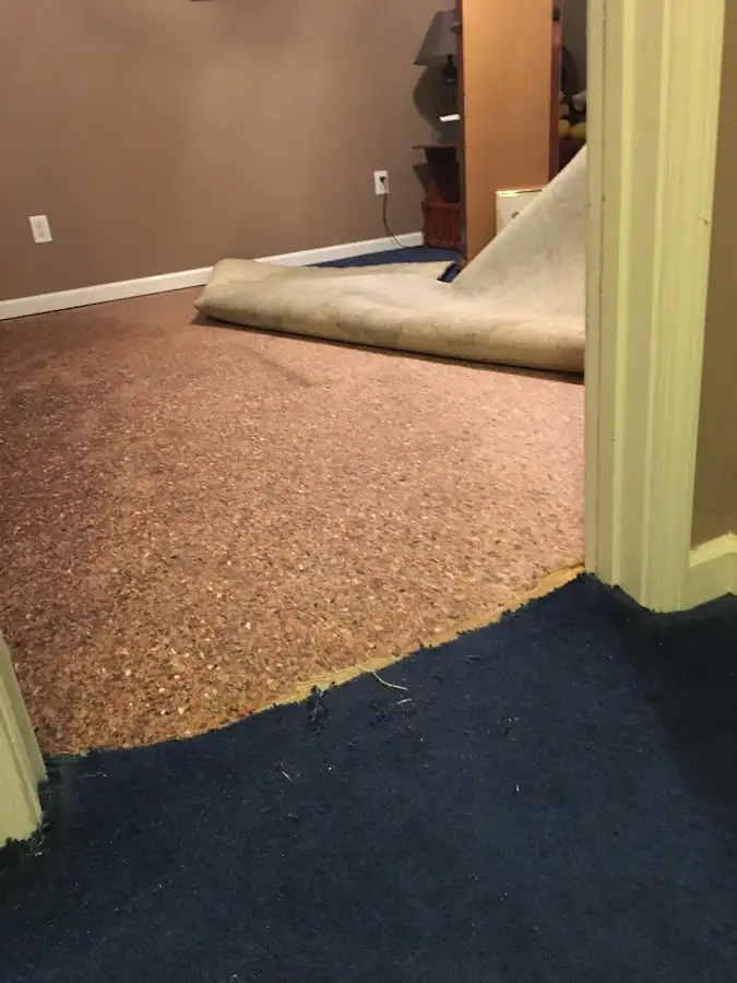 Carpet pad removal revealing water damage during Water Mitigation Services in Lake Geneva